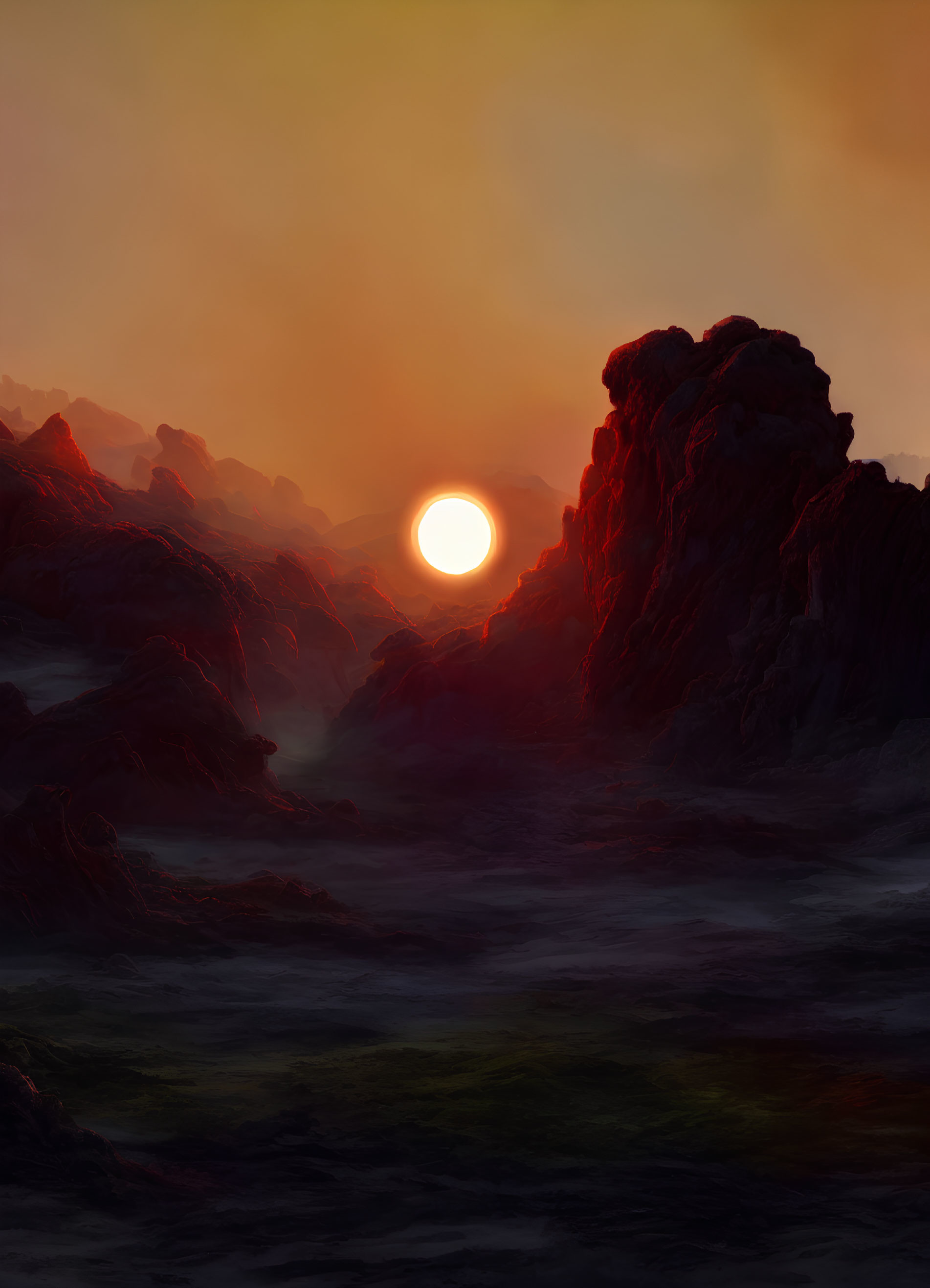 Rocky landscape with glowing sun setting behind craggy peaks in red-tinged sky