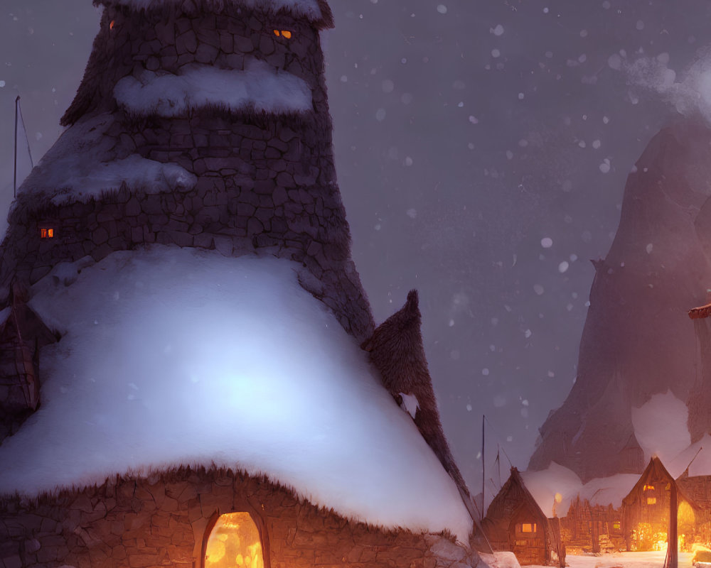 Snow-covered stone tower in tranquil wintry village under twilight sky