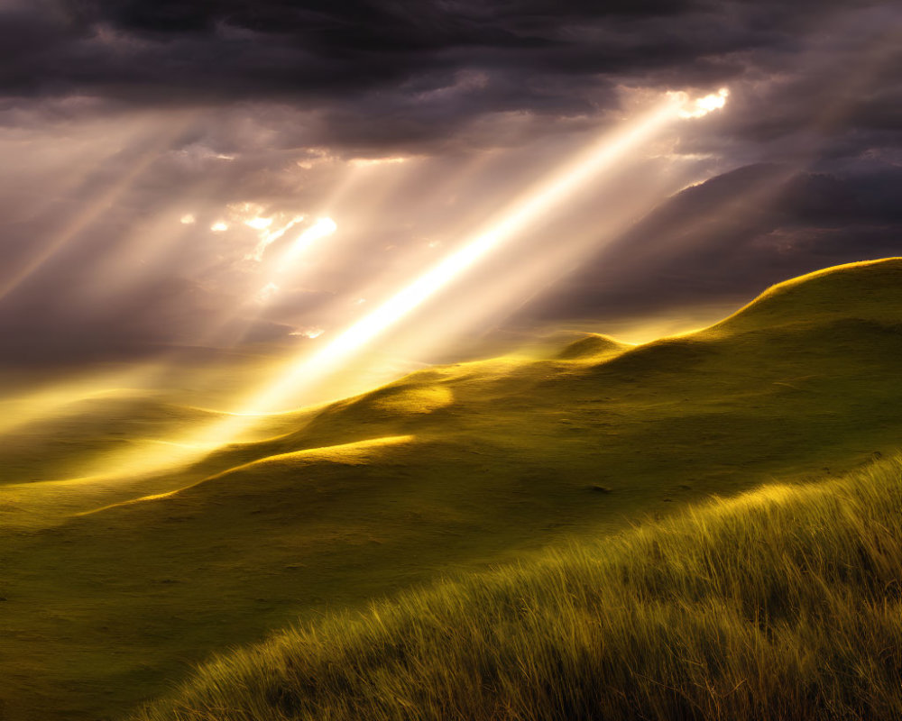 Sunbeams pierce storm clouds above lush hillside in dramatic lighting.