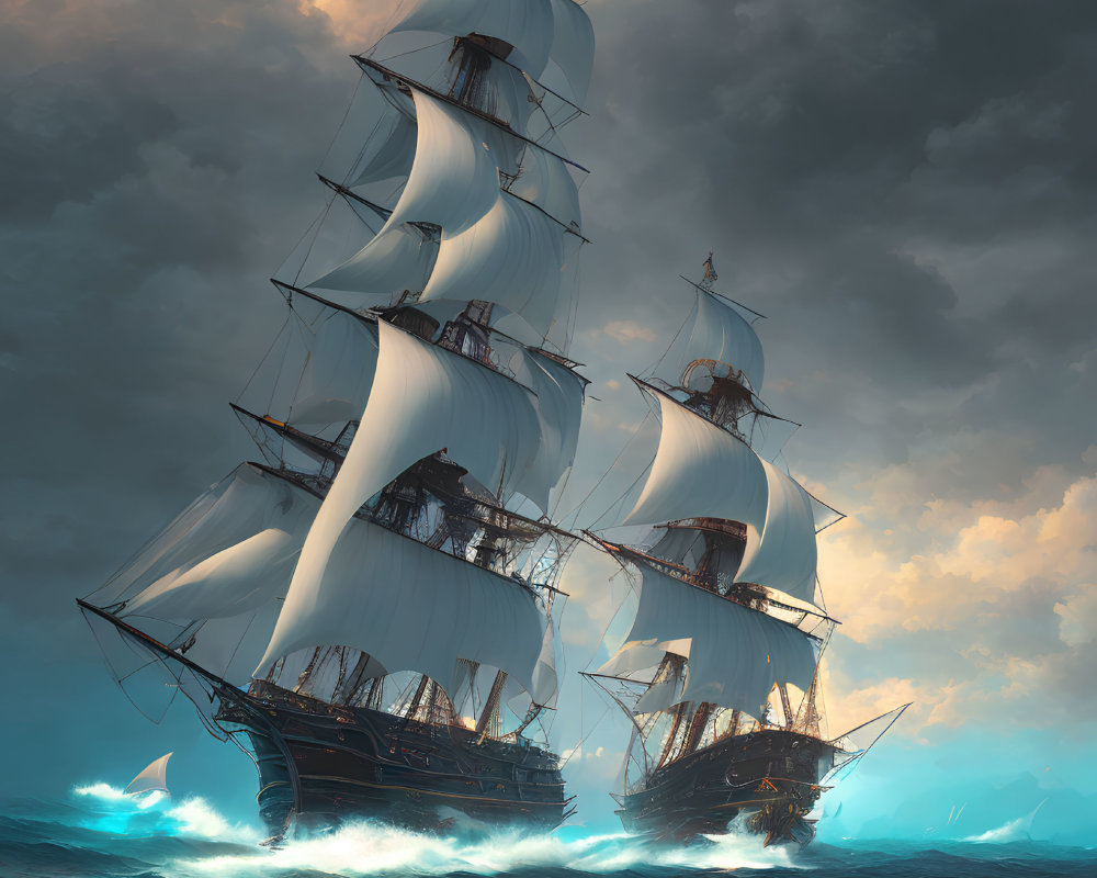 Sailing ship with billowing sails amidst turbulent seas and bioluminescent waves