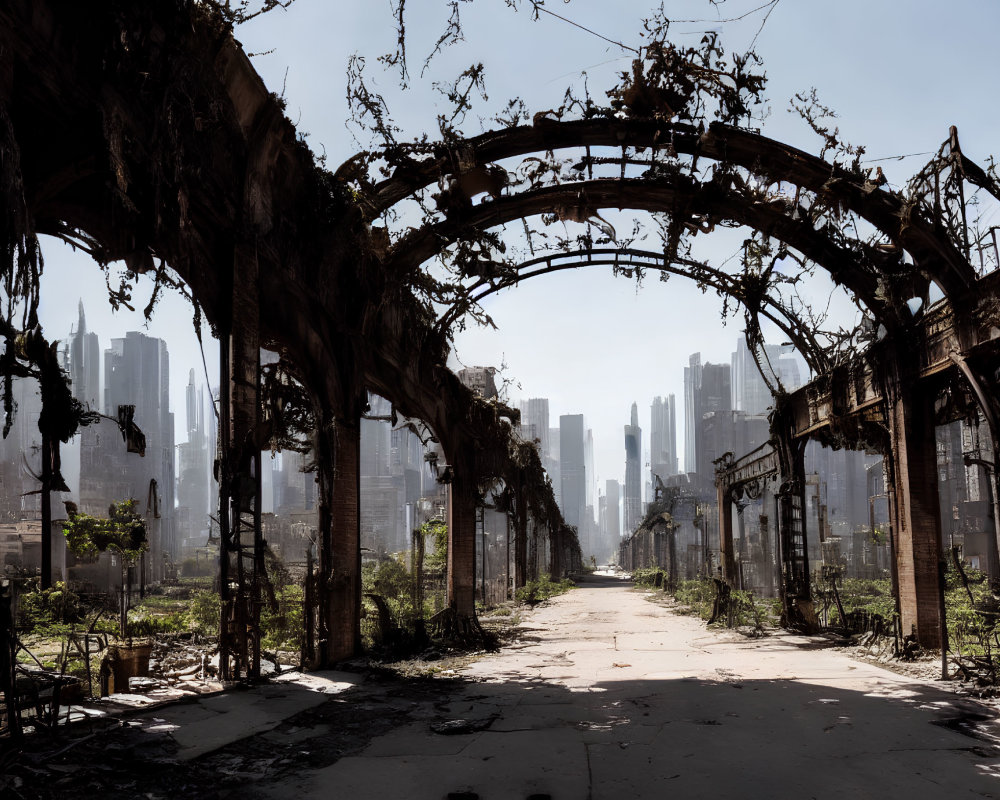 Decayed urban archway with overgrown plants contrast modern city skyline