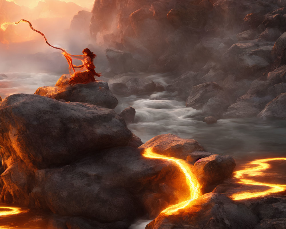 Person sitting on rock surrounded by molten lava streams with staff, mist, and glowing light