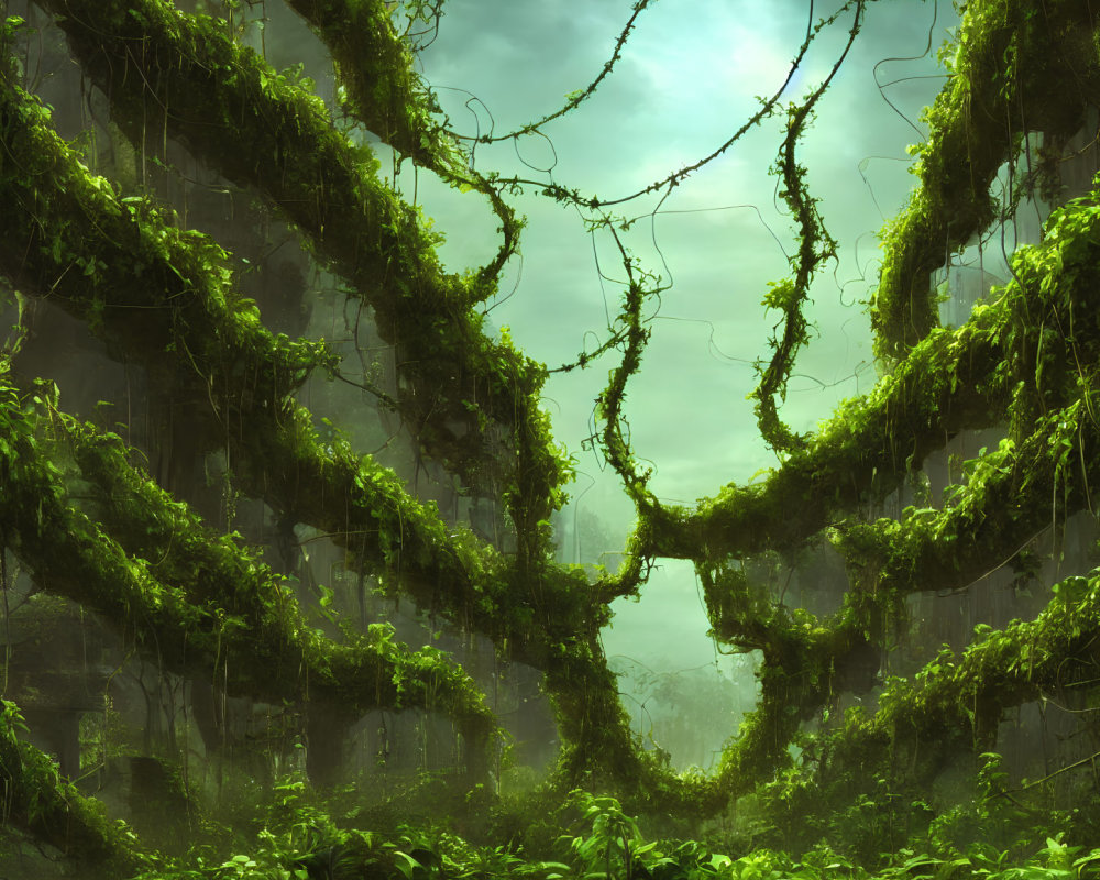 Ancient forest with lush greenery and mystical atmosphere