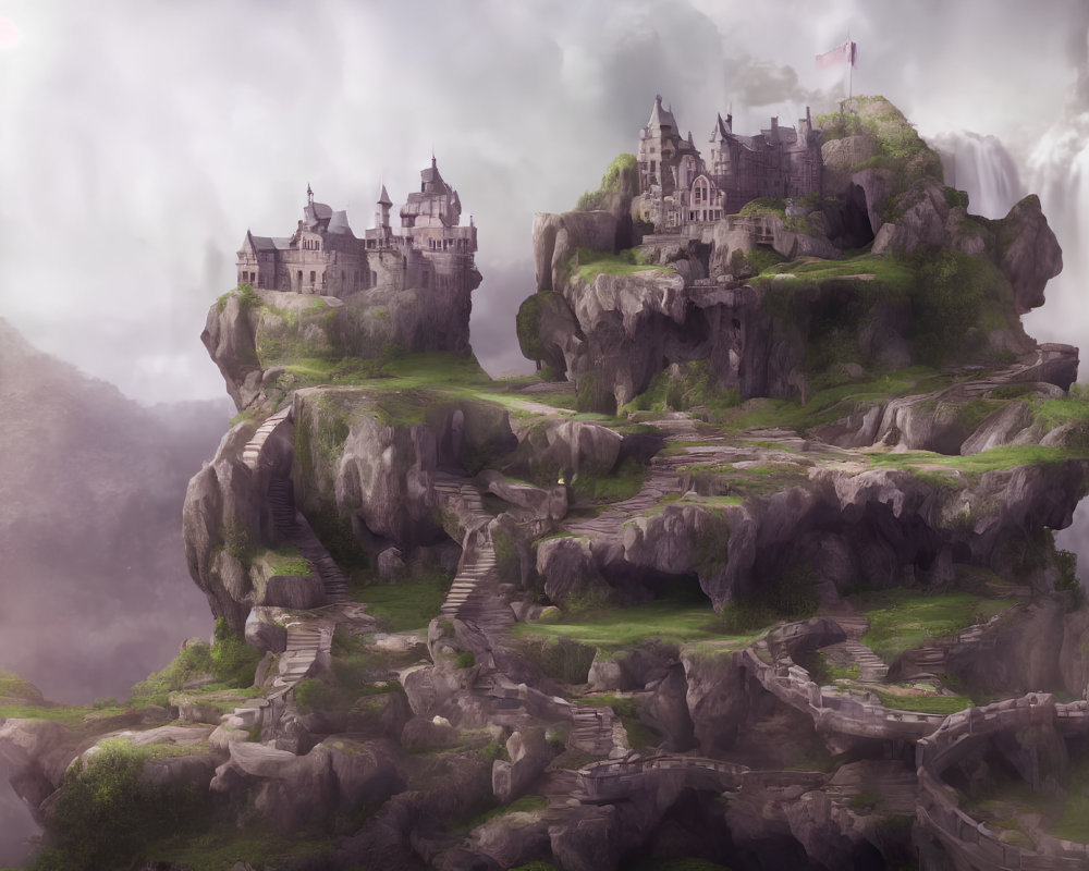 Grand castles on rocky cliffs with waterfalls and mist.