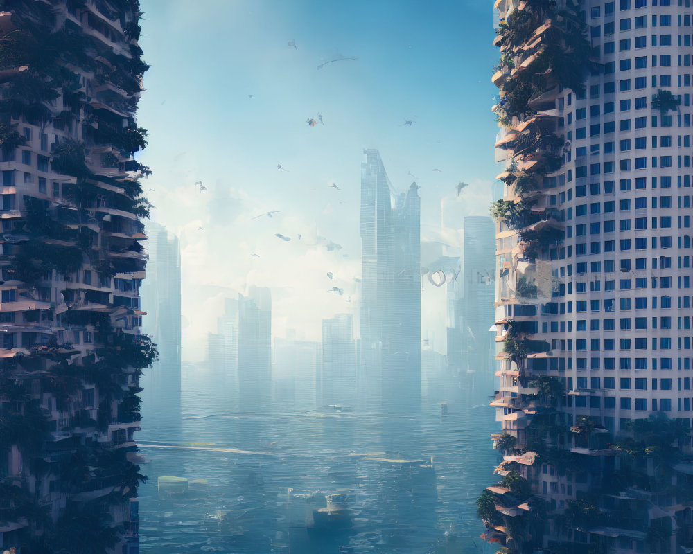 Futuristic cityscape with overgrown skyscrapers and lush greenery