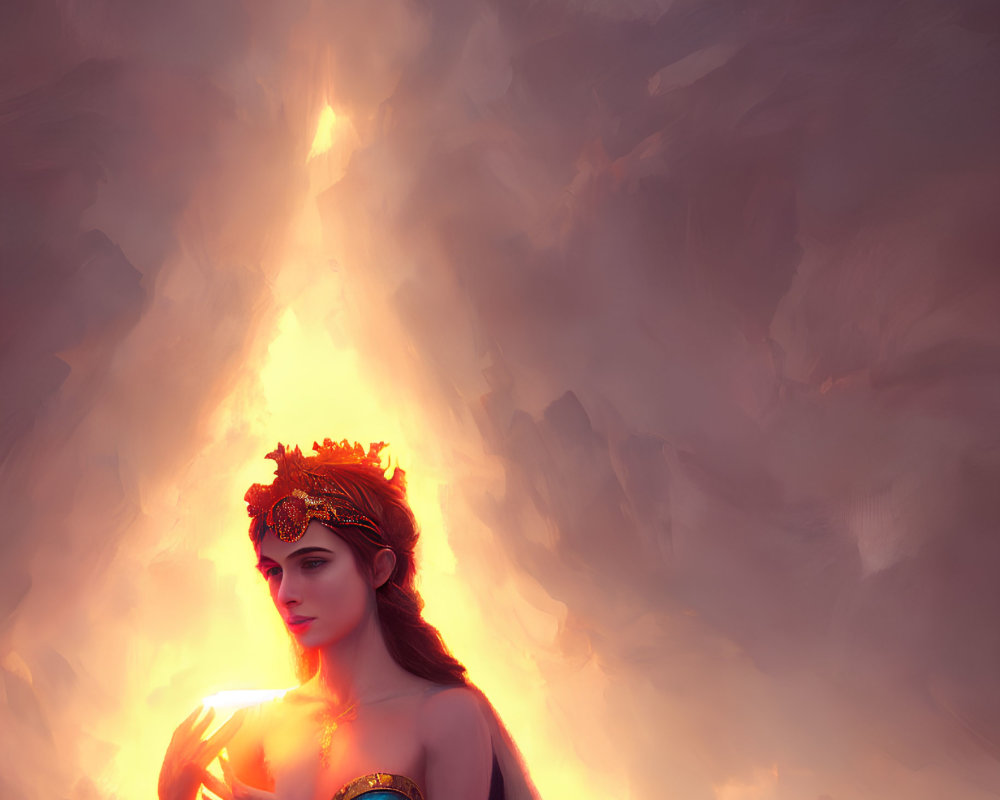 Regal woman with crown holding light in contemplation against warm, glowing clouds