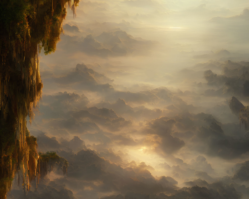 Sunlit fantasy landscape with floating islands and cliffs in misty clouds