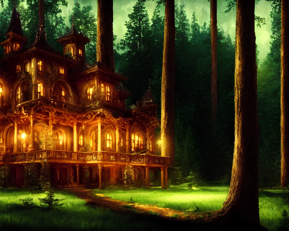 Grand wooden mansion in dense forest twilight with warm glowing windows