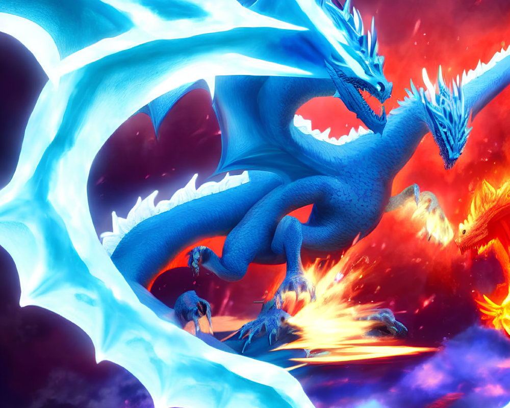 Vibrant blue three-headed dragon breathing fire in fiery skies