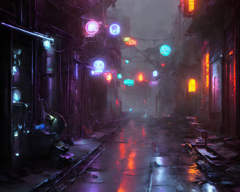 Urban alleyway with neon lights and wet cobblestones in futuristic scene