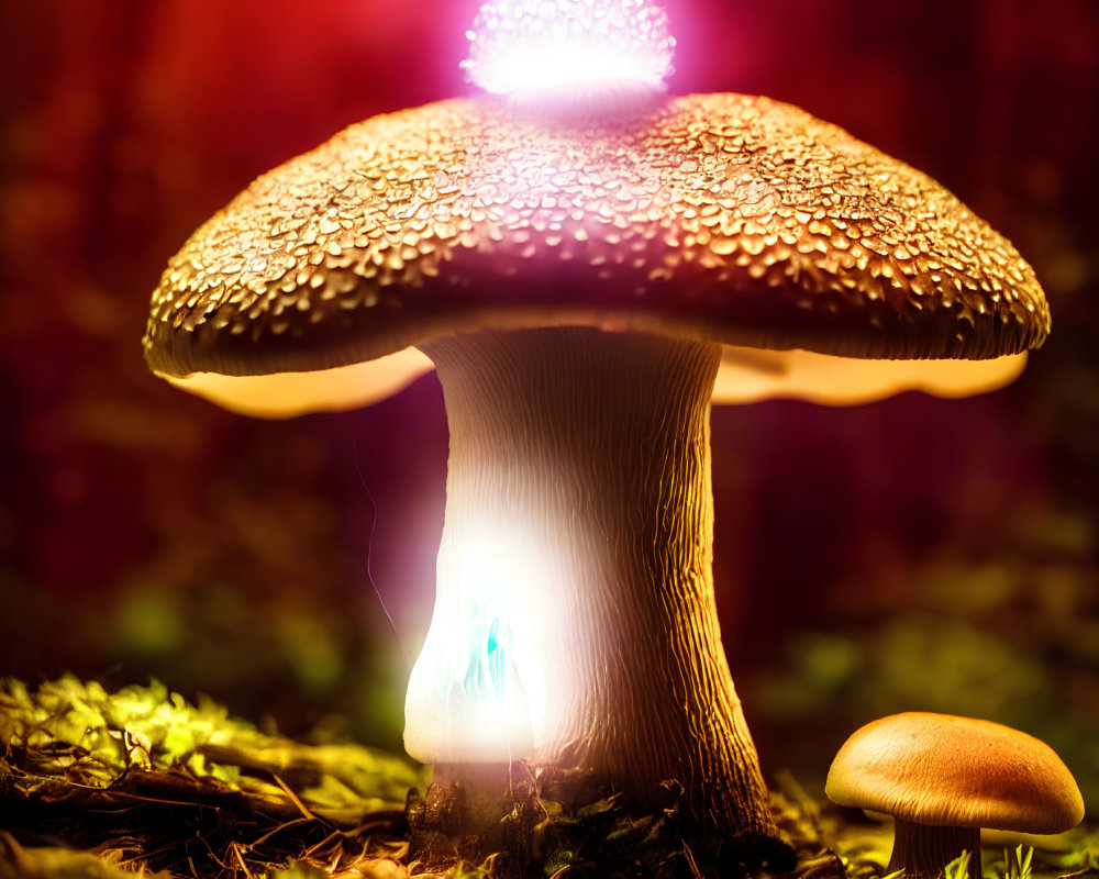 Illuminated large and small mushrooms in a mossy forest