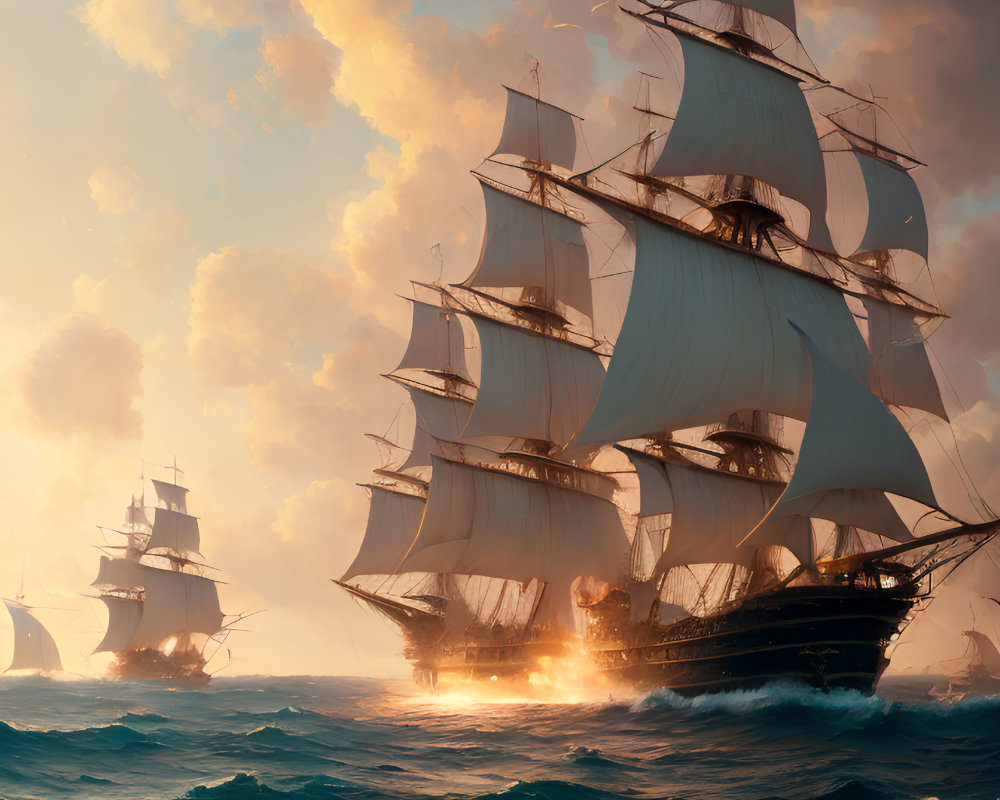 Tall Ships Sailing on Rough Seas at Sunset
