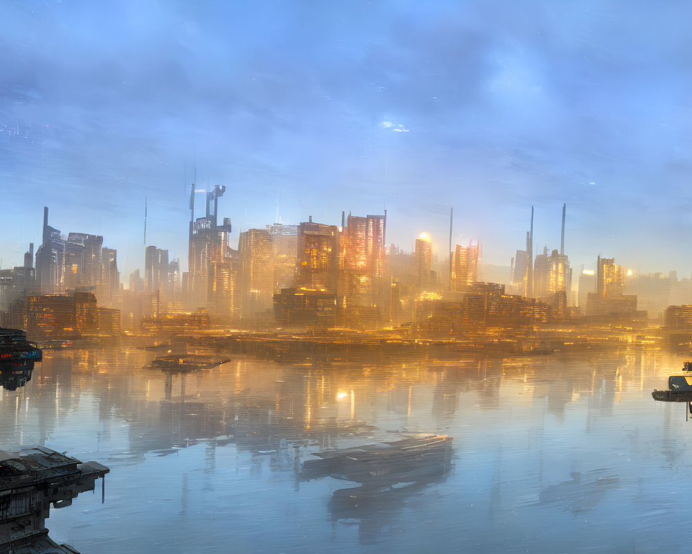 Futuristic cityscape at dusk: skyscrapers, bright lights, misty atmosphere