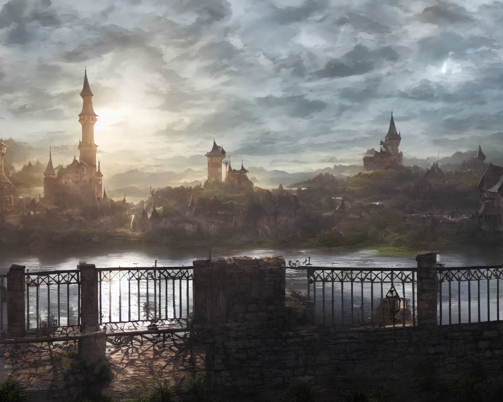 Fantasy landscape with castle, towers, spires, and river fence