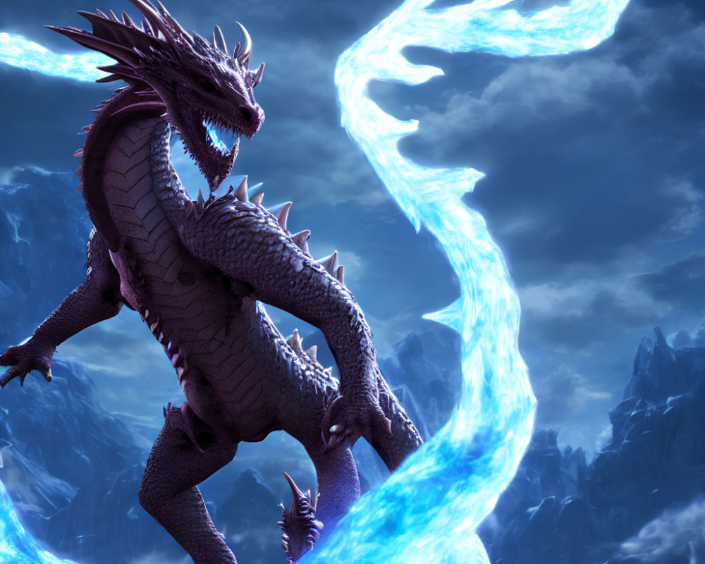 Majestic dragon roaring with blue fire on rocky terrain
