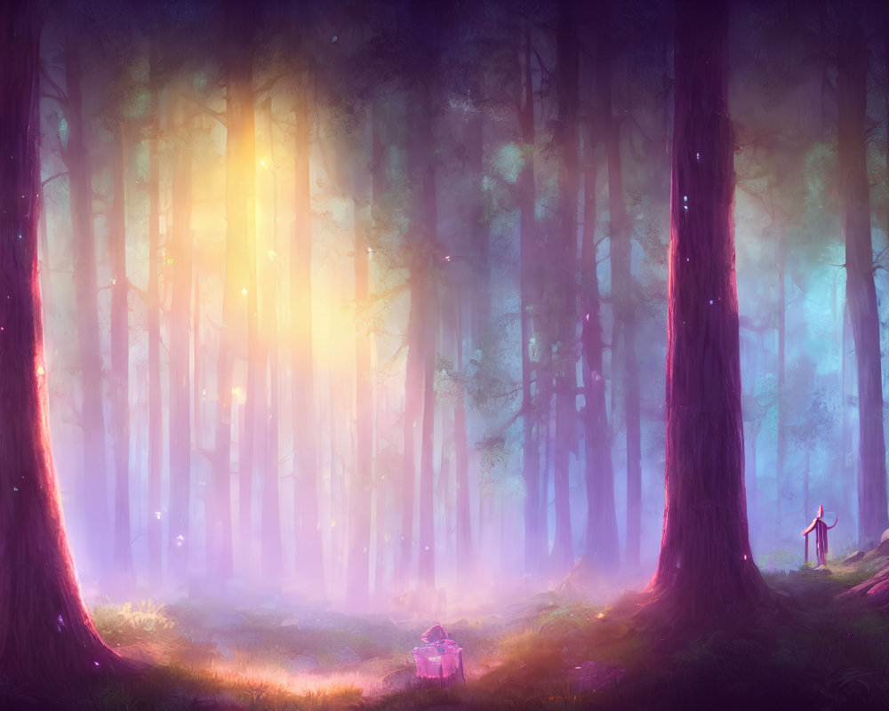 Enchanting forest scene with tall trees and mystical purple haze