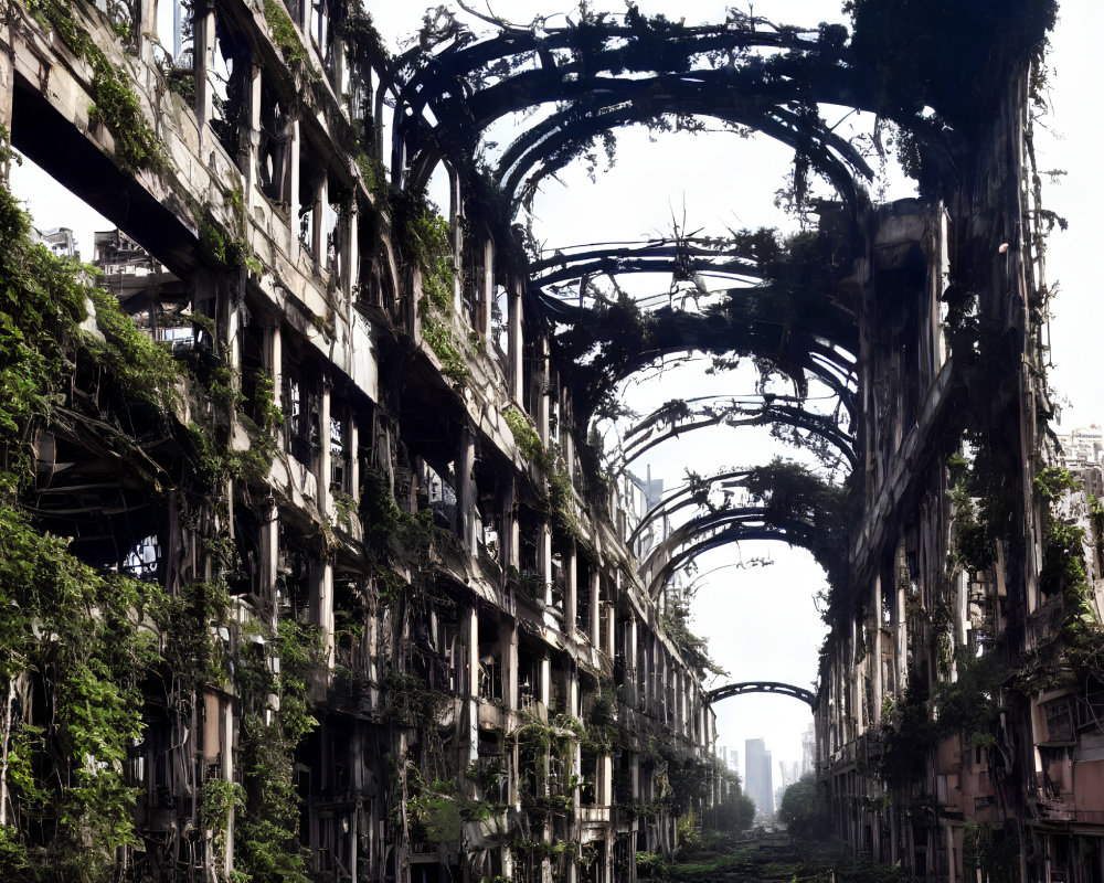Derelict urban area reclaimed by nature with overgrown buildings.