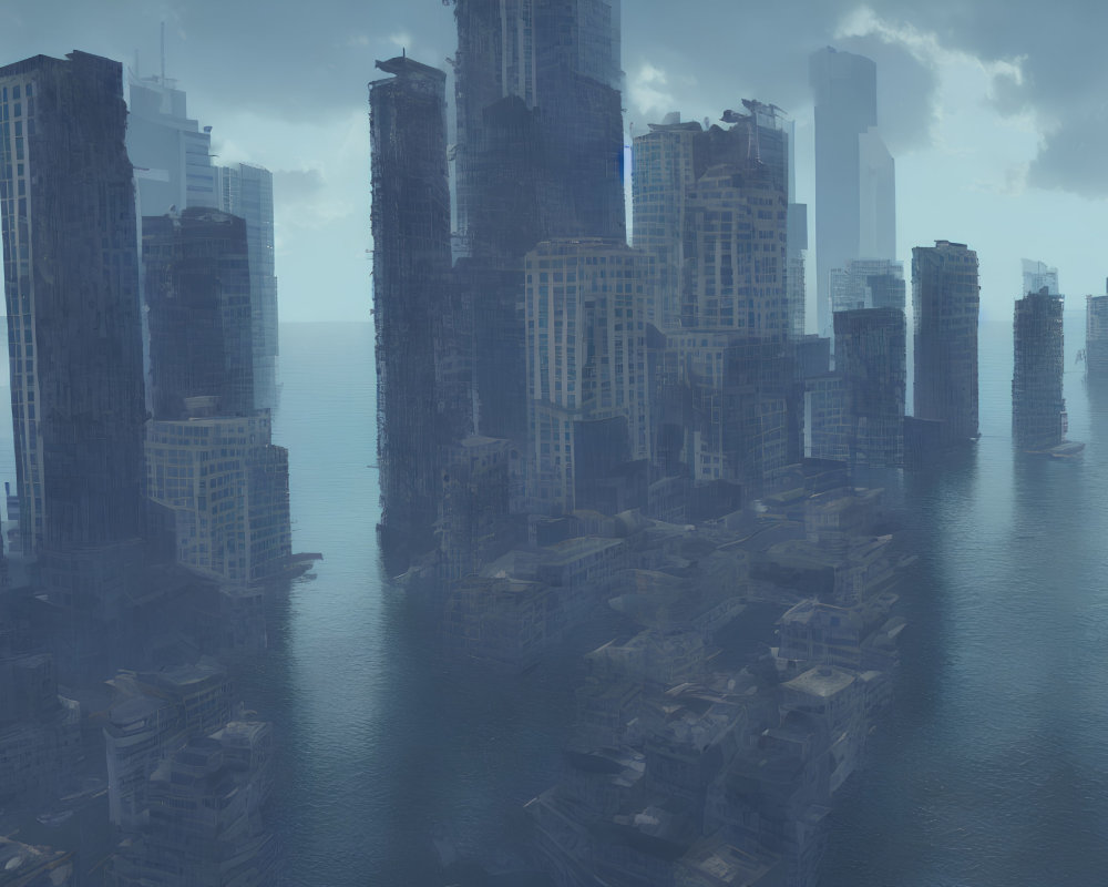 Submerged Skyscrapers in Flooded Cityscape