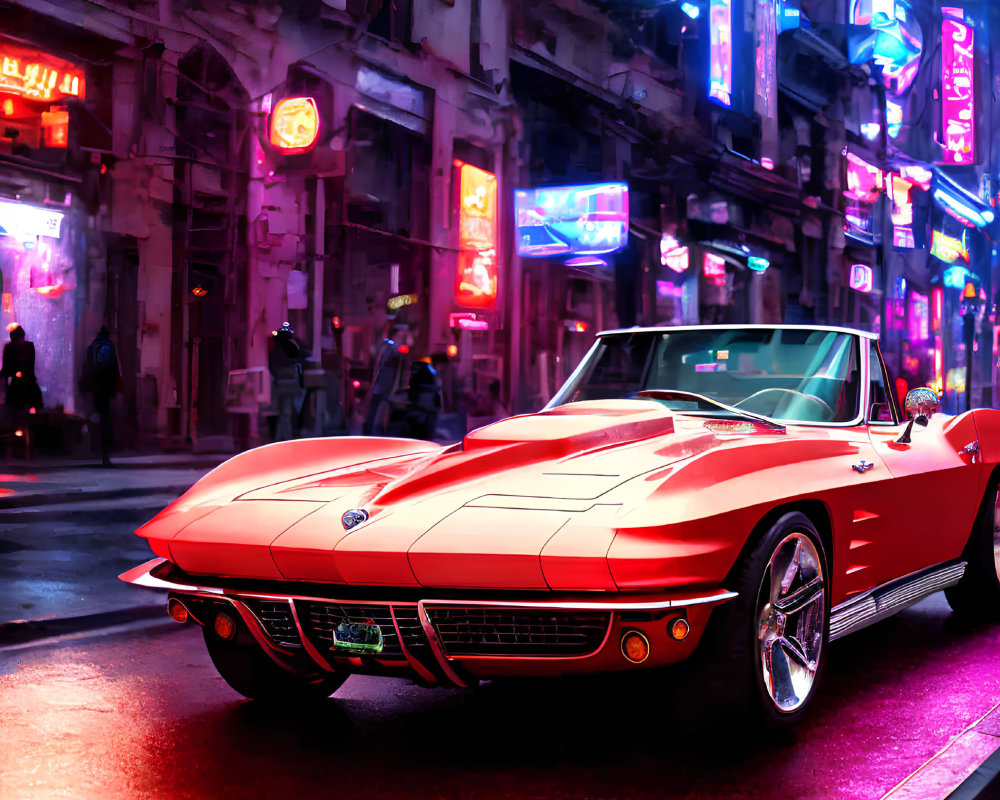 Vintage Red Sports Car Parked on Neon-Lit Urban Street at Night