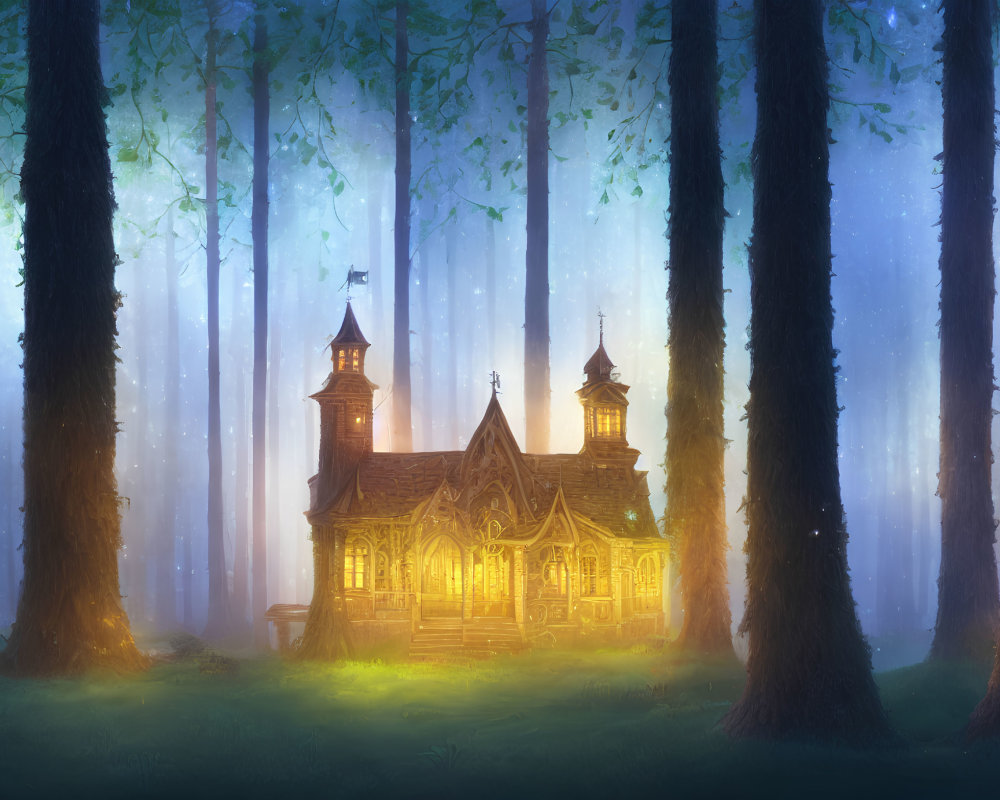 Ethereal sunlight illuminates magical forest cottage