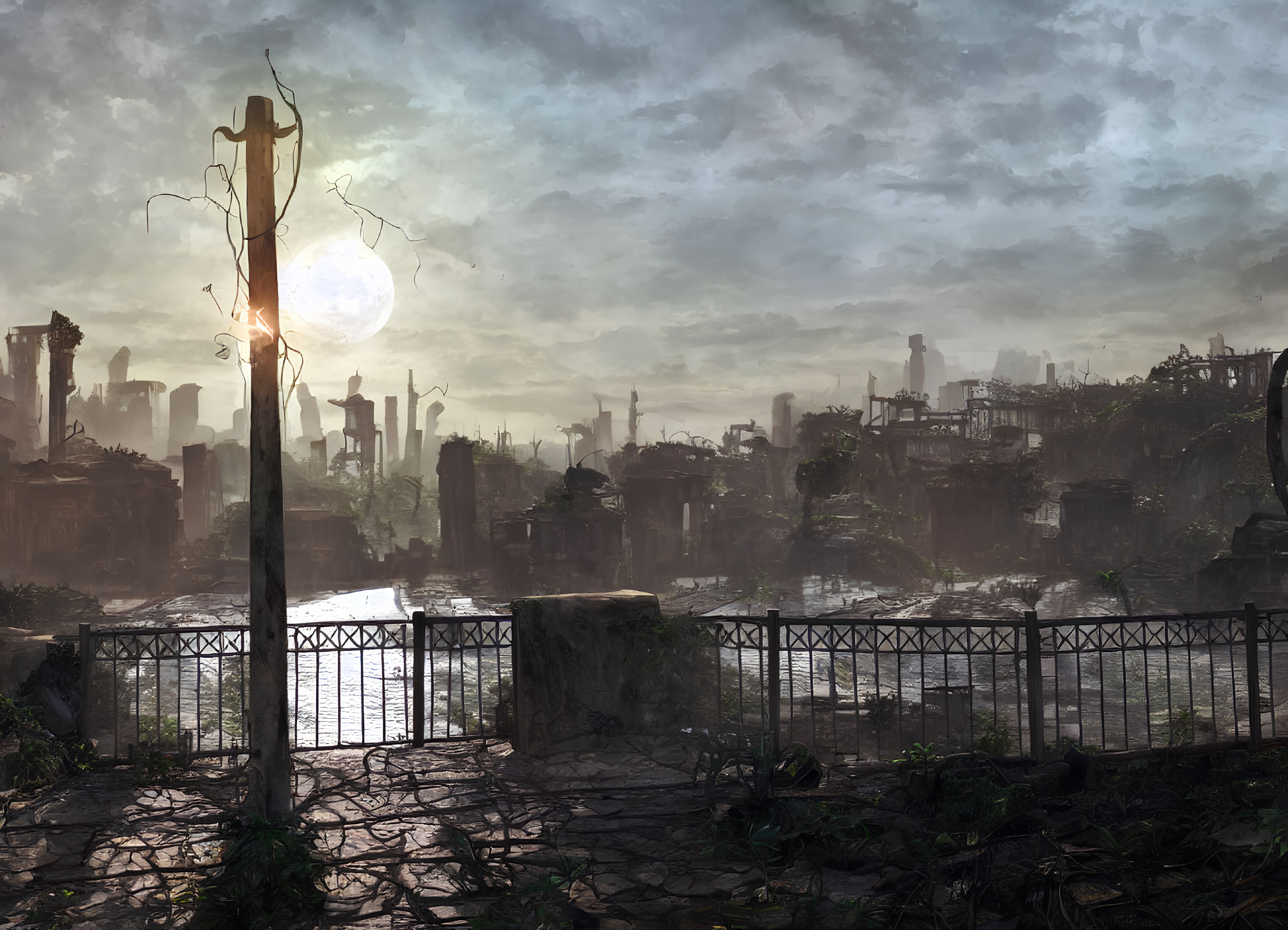 Dystopian cityscape at dusk with overgrown ruins and glowing lamppost