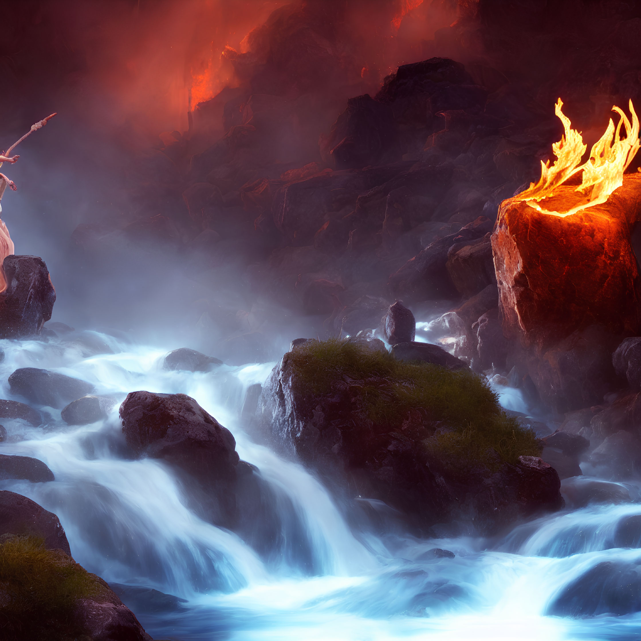 Vibrant blue river in surreal landscape with glowing flame and misty rocks