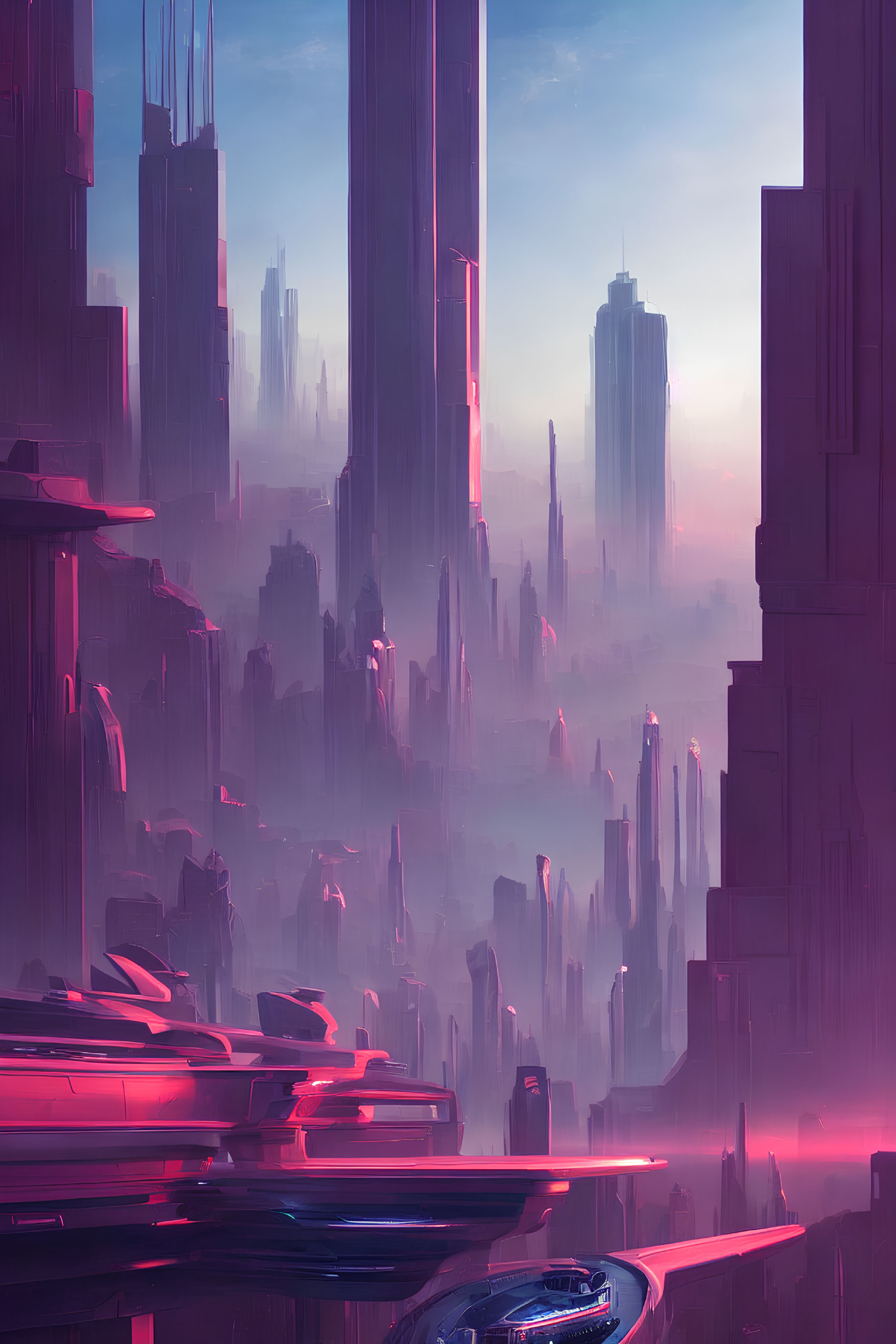 Futuristic cityscape with pink and blue skyscrapers and flying vehicles