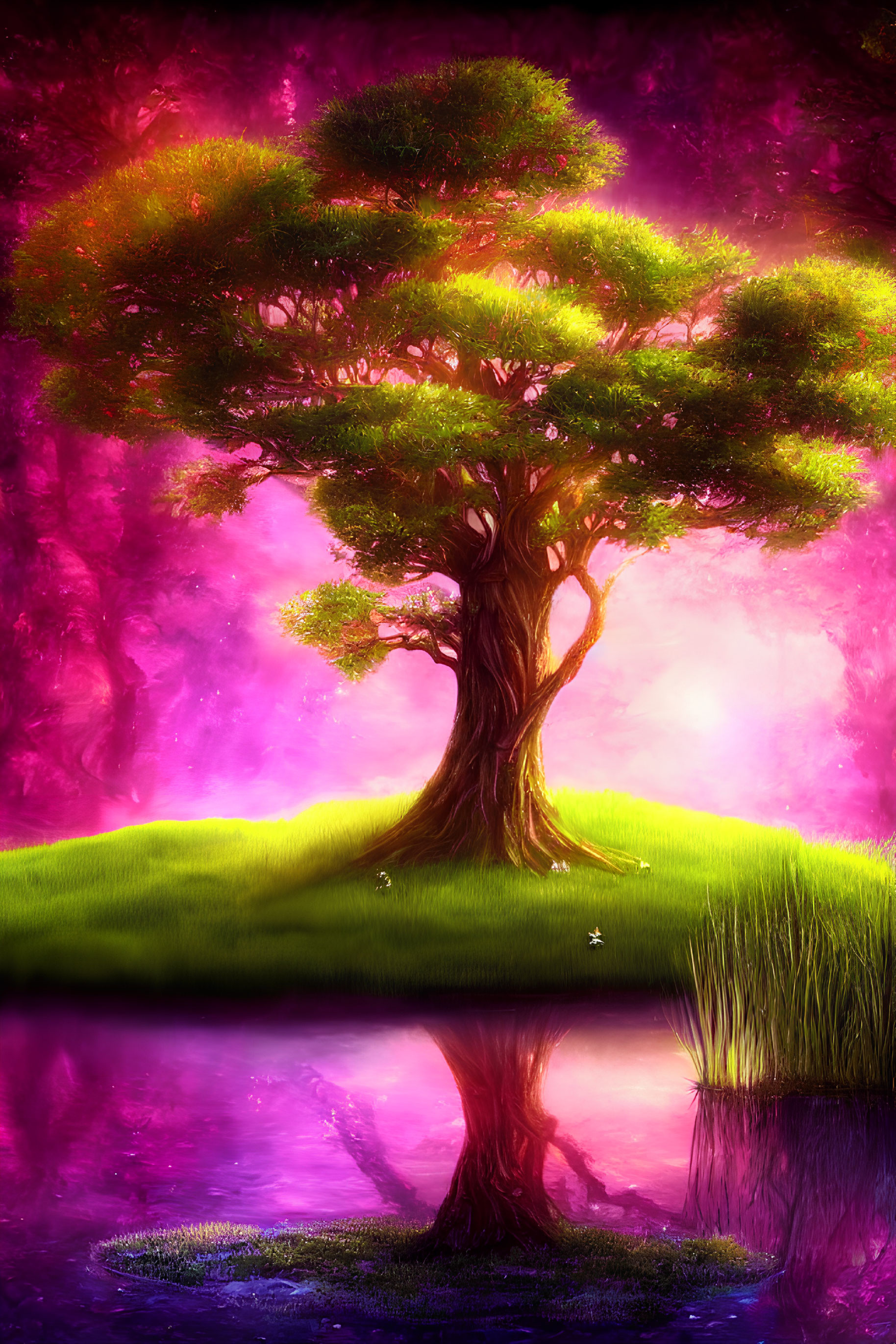 Colorful illustration: Solitary tree with lush green foliage on grassy bank, reflected in purple water