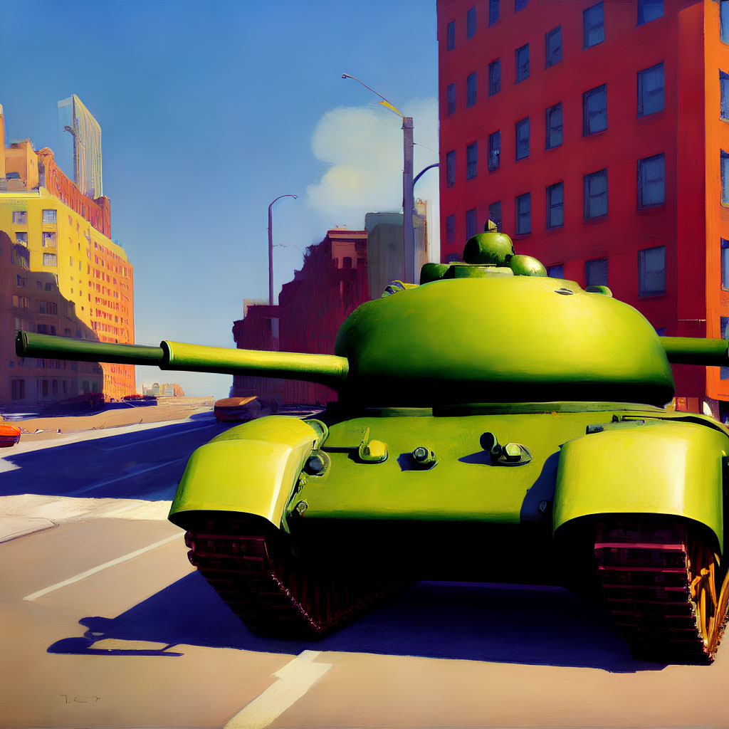 Colorful painting of green military tank in urban street