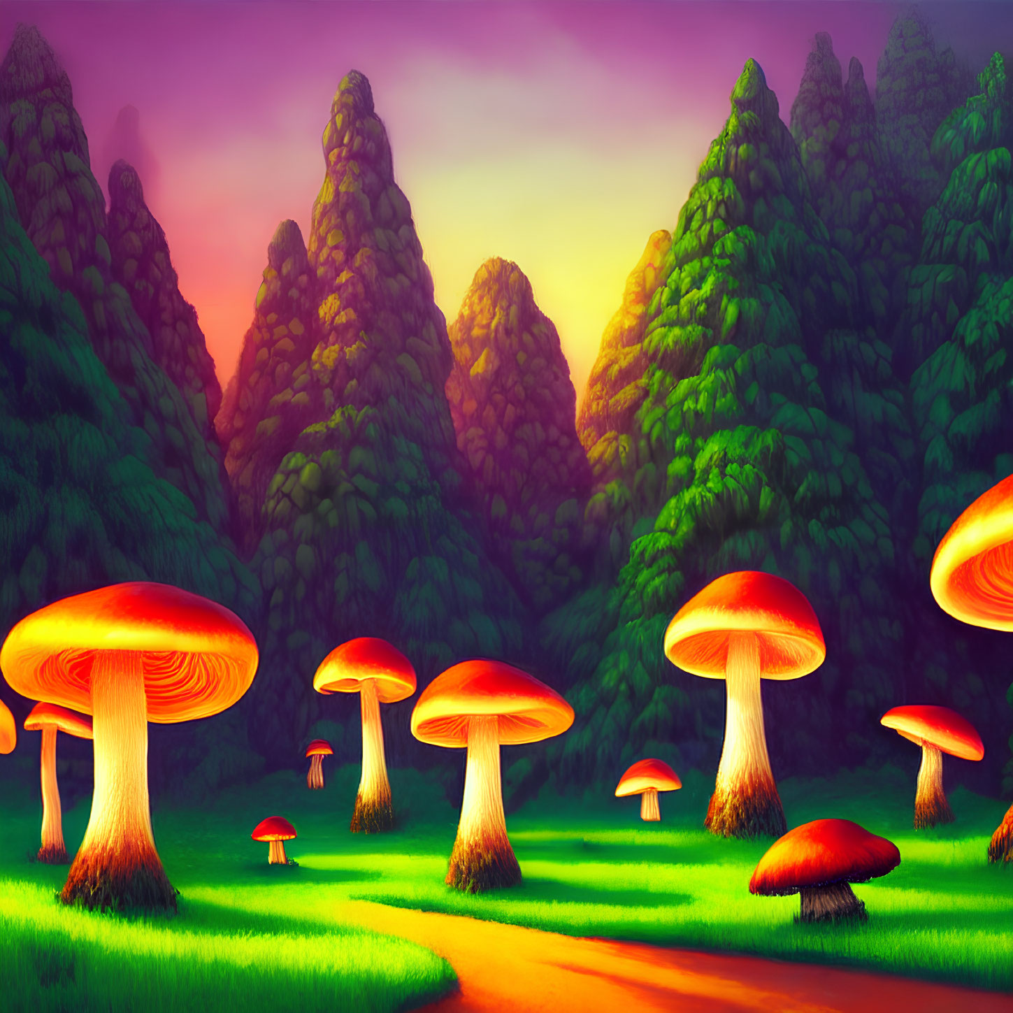 Fantasy landscape with oversized glowing mushrooms and lush forest path