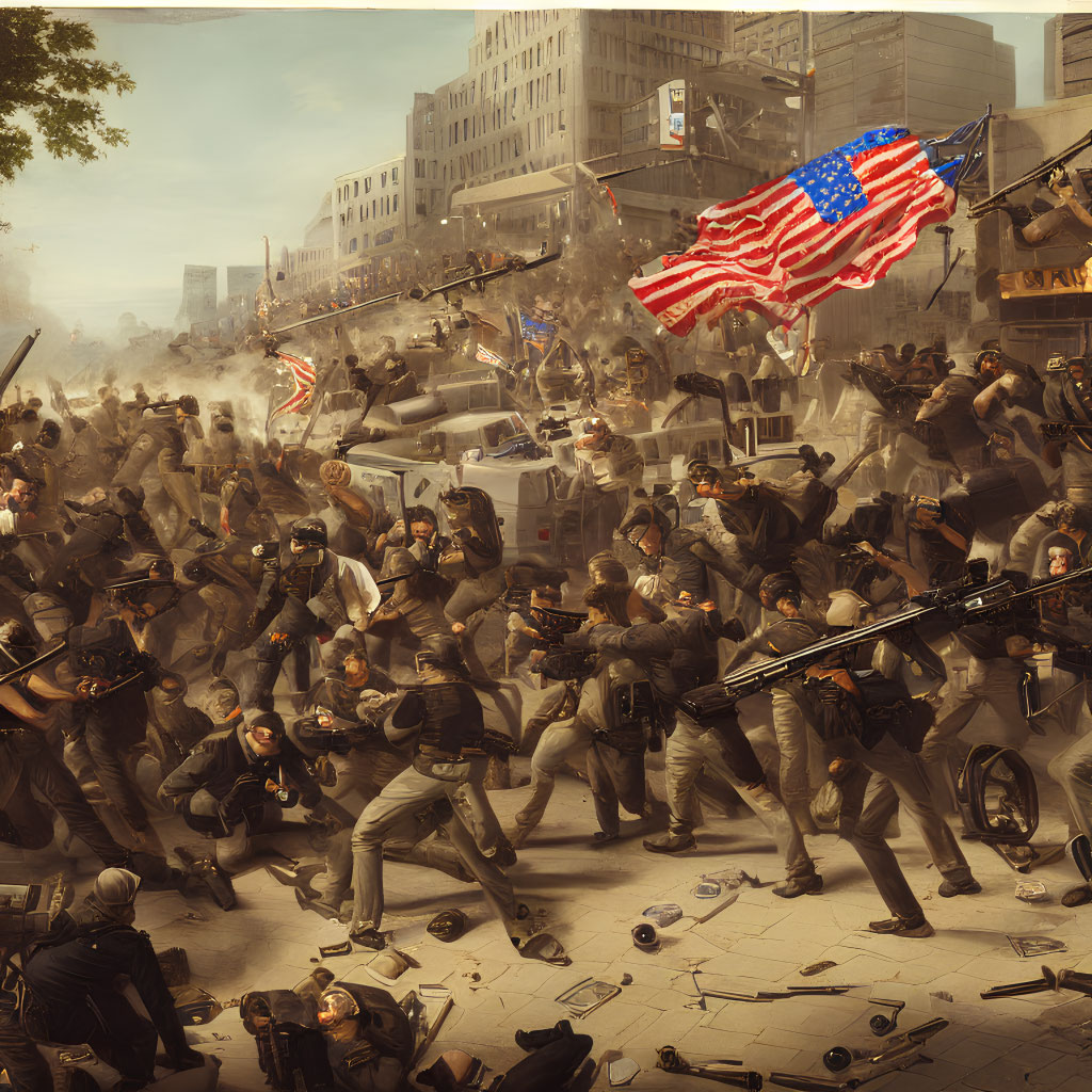 Urban Battle Scene with Armed Individuals and American Flags in Smoke