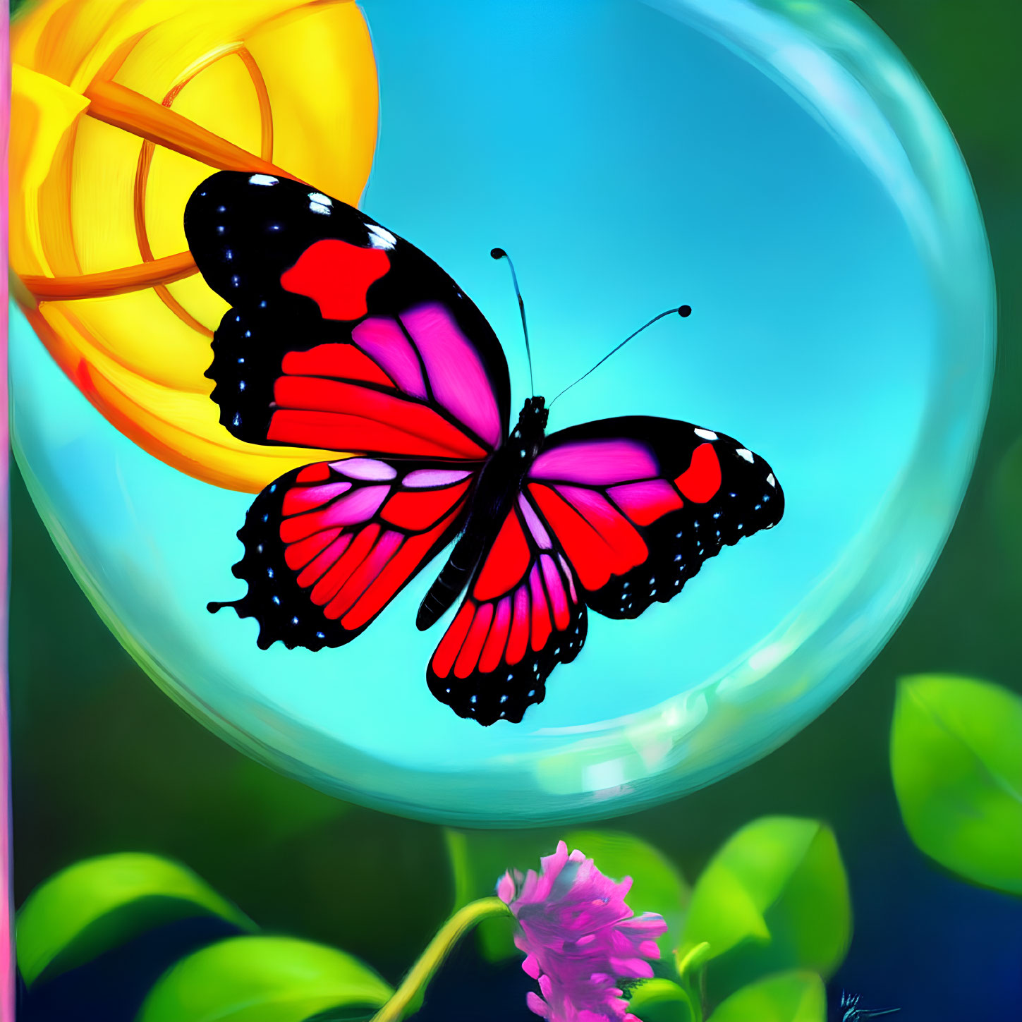 Colorful Butterfly Artwork with Bubble, Flower, and Greenery