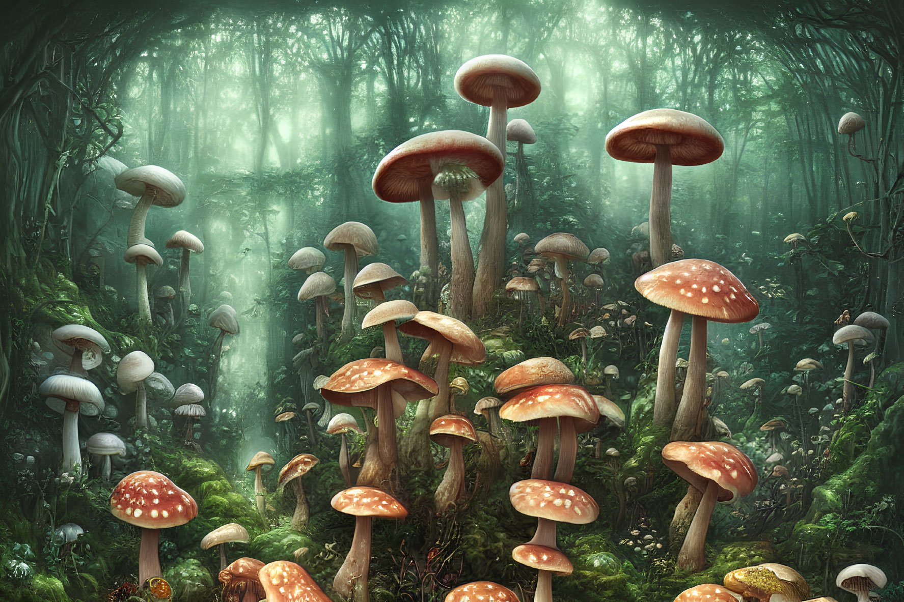 Detailed oversized fantasy mushrooms in mystical forest light