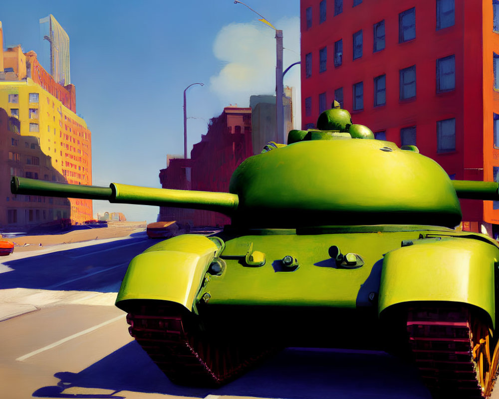 Colorful painting of green military tank in urban street