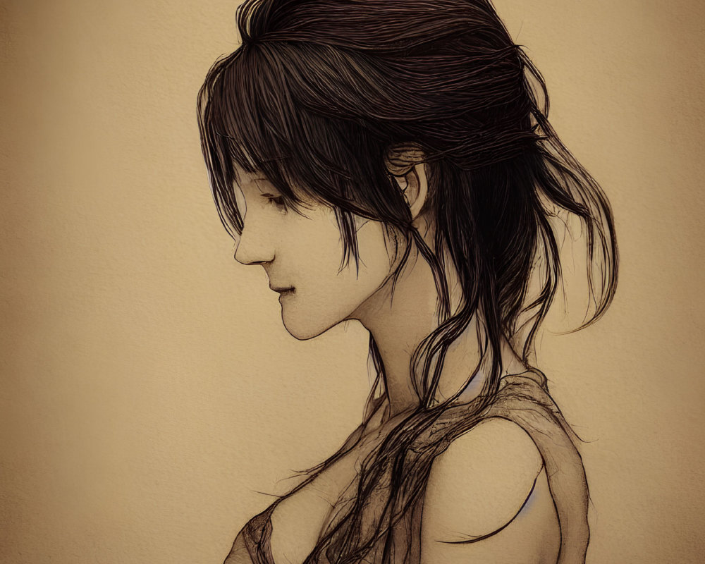 Detailed Profile Sketch of Girl with Delicate Expression on Textured Beige Background