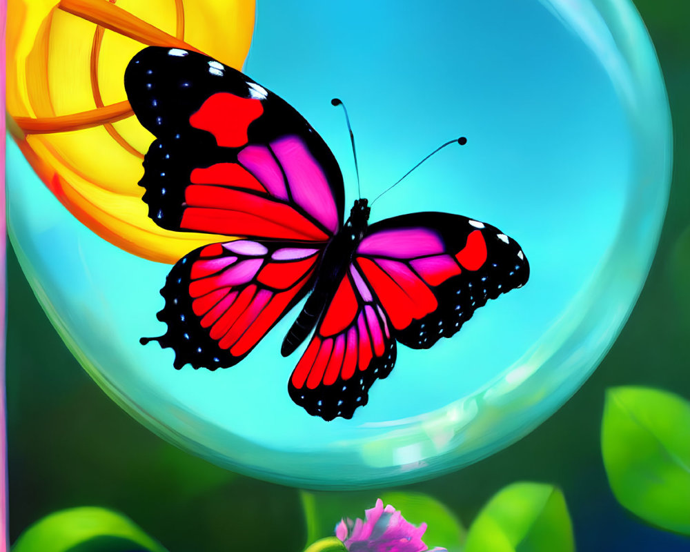 Colorful Butterfly Artwork with Bubble, Flower, and Greenery