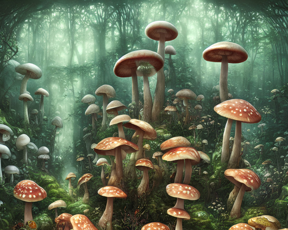 Detailed oversized fantasy mushrooms in mystical forest light