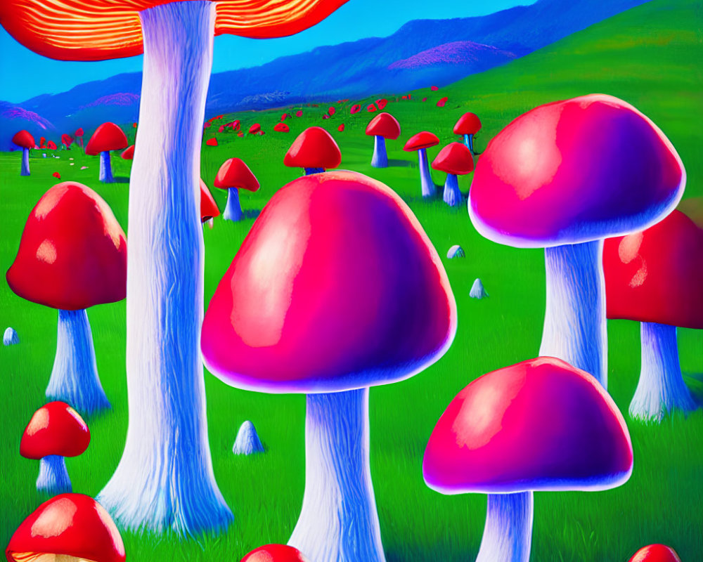 Colorful digital artwork: Oversized red mushrooms on green meadow
