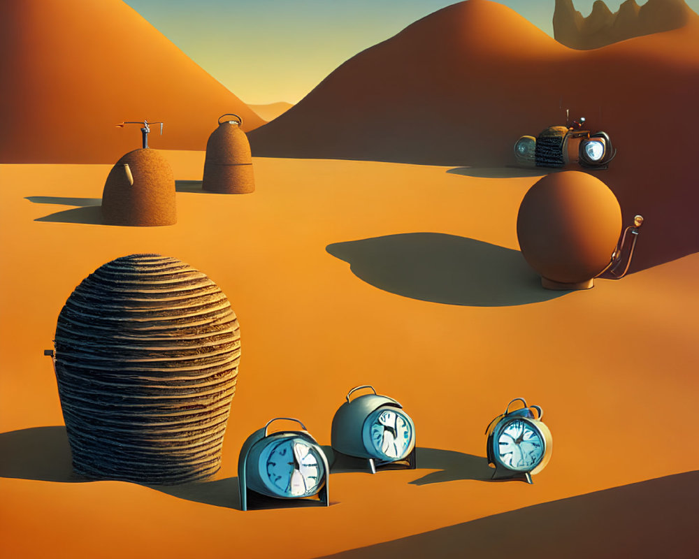 Surreal desert landscape with thread spool hut, faucet-topped dunes, apple on wheels