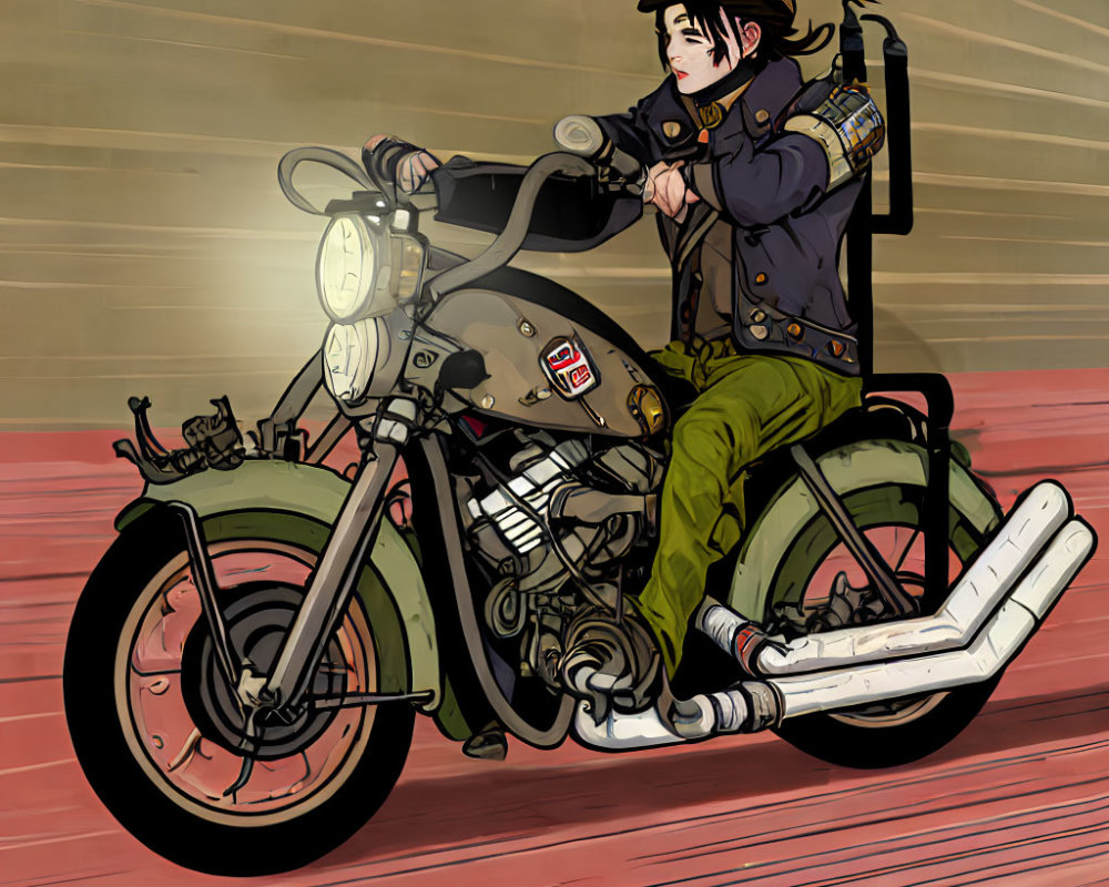 Illustration of character in black beanie on motorcycle