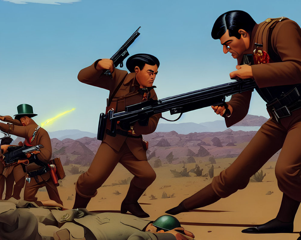 Three Animated Characters in Desert Battlefield with Firing and Aiming Soldiers