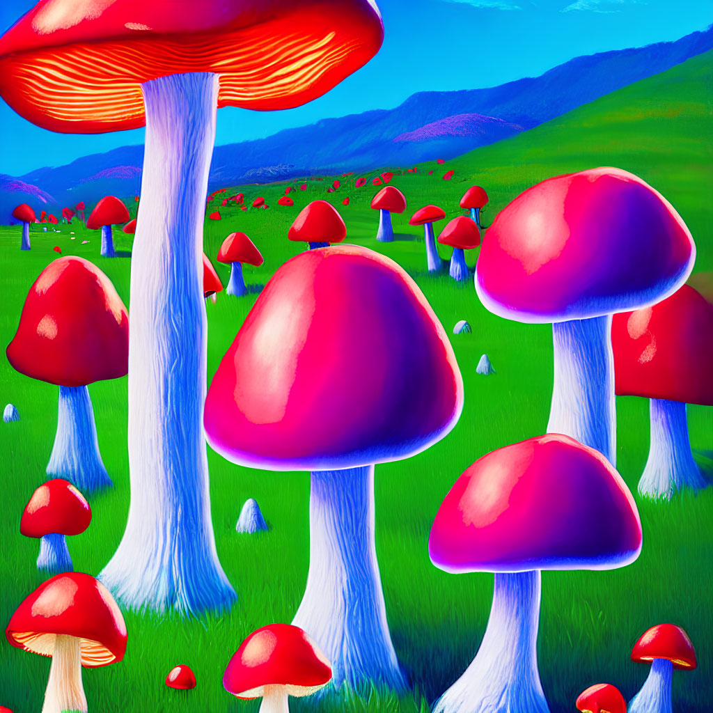 Colorful digital artwork: Oversized red mushrooms on green meadow