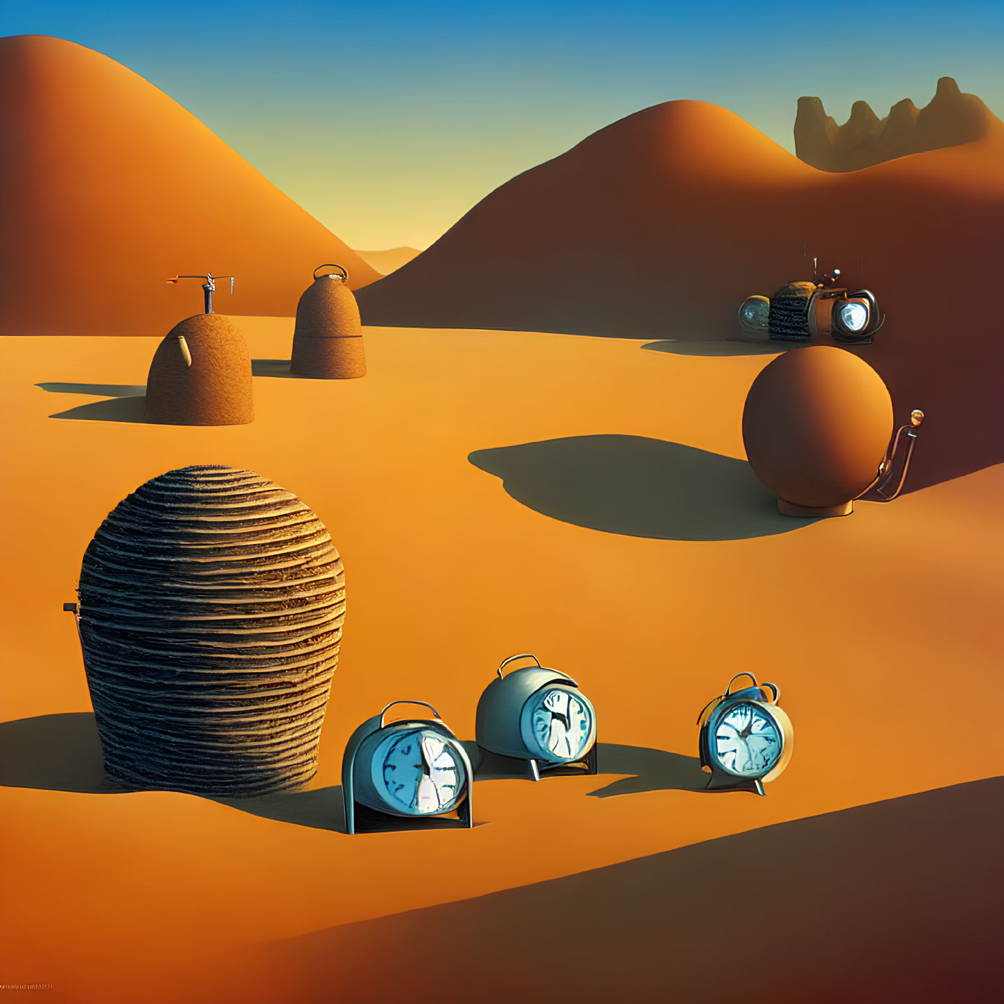 Surreal desert landscape with thread spool hut, faucet-topped dunes, apple on wheels