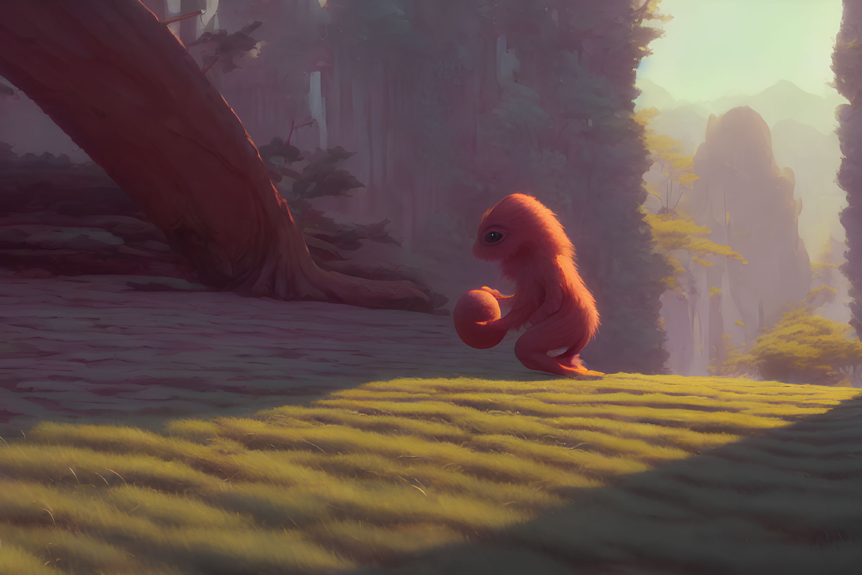 Red-furred whimsical creature holding a sphere in sunny forest scene