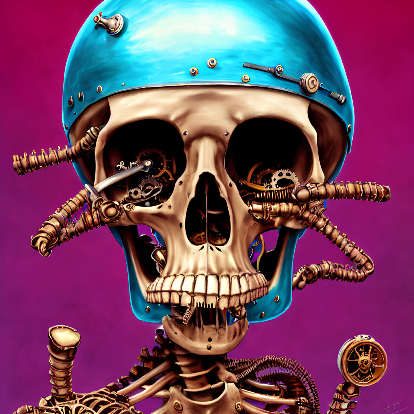 Illustration of skeletal figure with metallic tendrils, blue helmet, pink background.