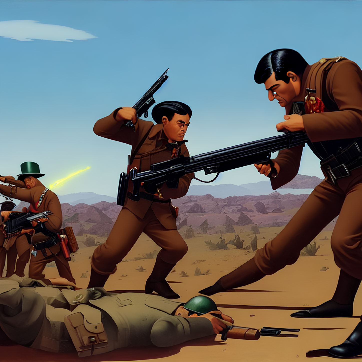 Three Animated Characters in Desert Battlefield with Firing and Aiming Soldiers