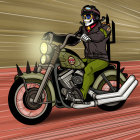 Illustration of character in black beanie on motorcycle