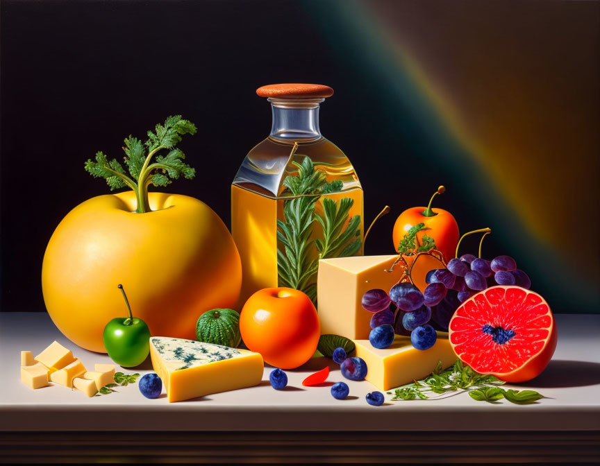 Colorful Still Life with Fruits, Cheese, and Oil Bottle