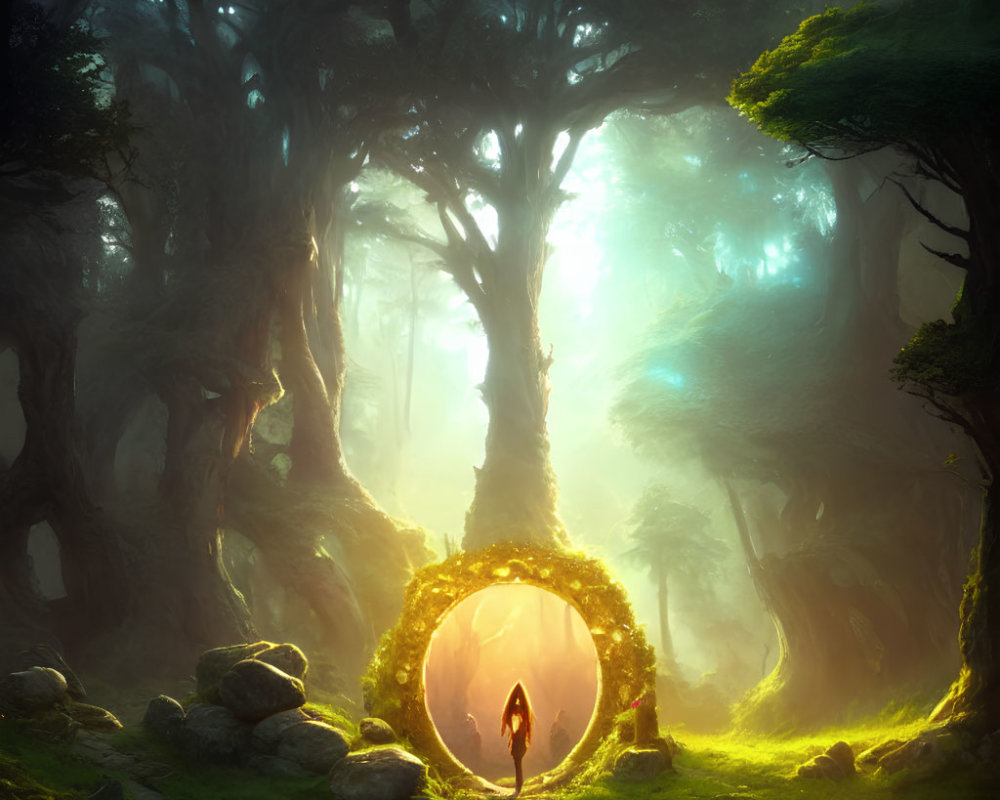 Solitary figure in front of luminous circular portal in mystical forest