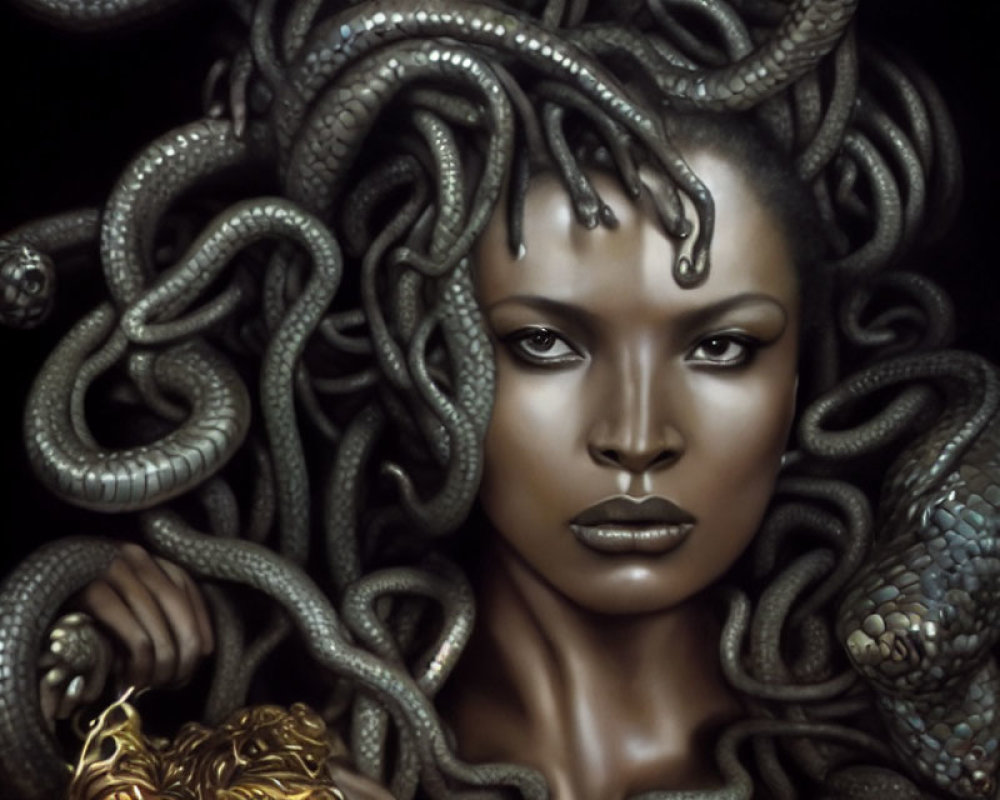Woman with serpent hair reminiscent of Medusa in mythology